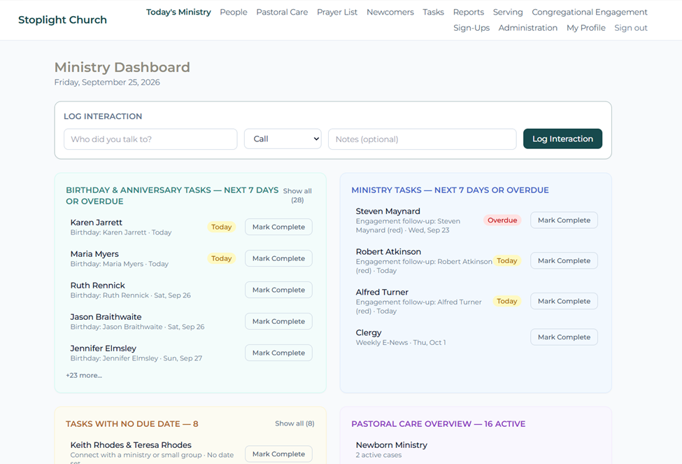 Updated Stoplight Church ministry dashboard showing interaction logging, upcoming birthdays, ministry tasks, and pastoral care